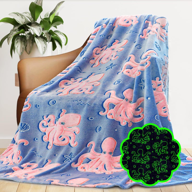 GEULAY Octopus Blanket Glow in The Dark Ocean Blanket Soft Pink Octopus Gifts Toys Decor Blue Fleece Kids Throw for Boys Girls Teens Birthday - Image 1
